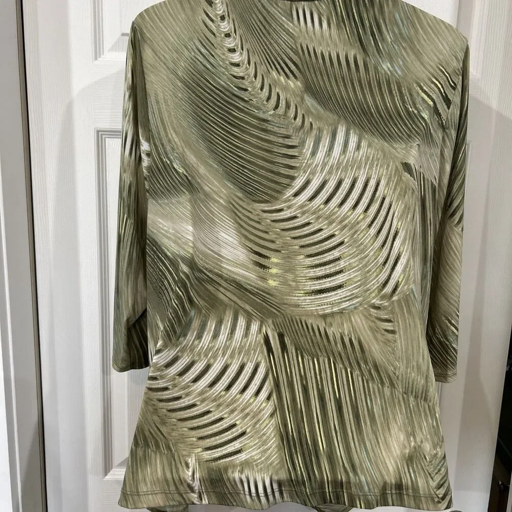 Chicos 3 Travelers Cardigan Green Frond Feather Open Front Semi Sheer Women's XL